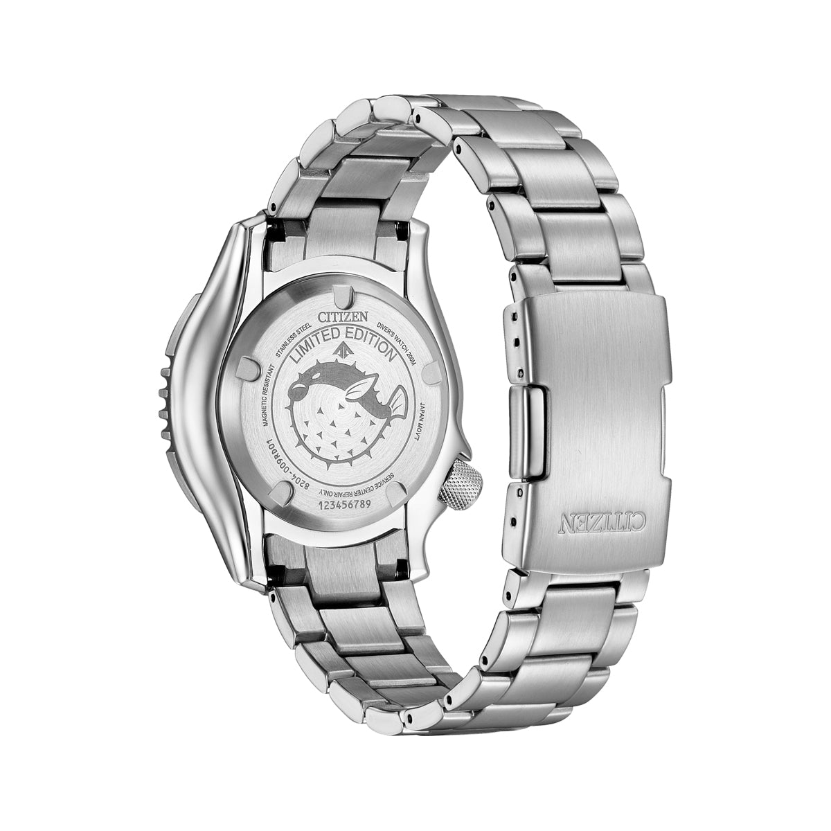 Back view of CITIZEN MOD. NY0160-66E watch showcasing stainless steel bracelet and limited edition engraving.