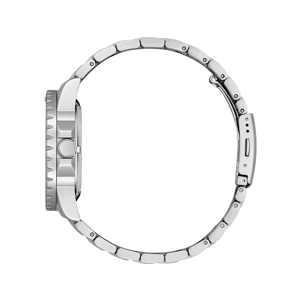 Side view of CITIZEN Mod. CLASSIC AUTOMATIC - AQUA BLUE wristwatch with stainless steel case and bracelet, 43 mm case size, 10 ATM water resistance.