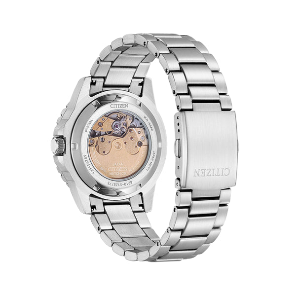 CITIZEN Mod. CLASSIC AUTOMATIC - AQUA BLUE wristwatch back view showcasing stainless steel bracelet and mechanical movement