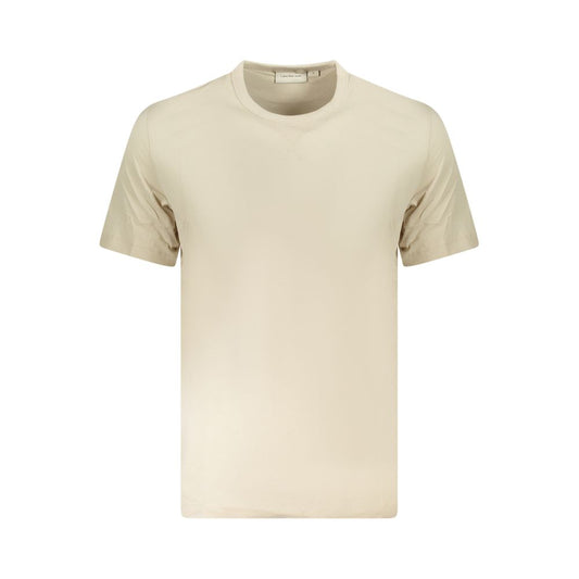 Calvin Klein Beige Cotton Men T-Shirt with crew neck and contrasting details, crafted from 95% regenerative cotton, showcasing iconic logo.