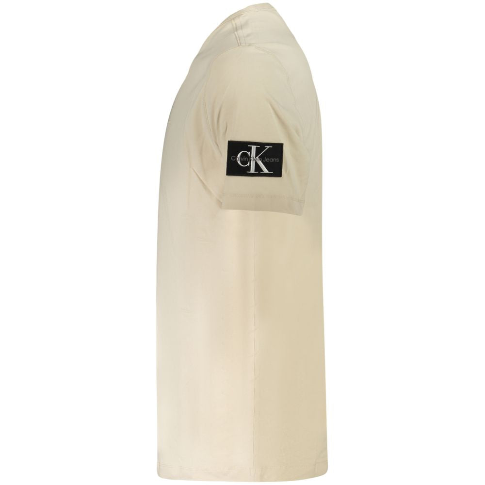 Calvin Klein Beige Cotton Men T-Shirt with logo patch on sleeve, side view showcasing soft fabric and minimalist design.