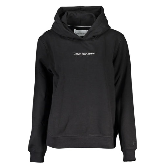 Calvin Klein Black Cotton Sweatshirt with hood embroidery logo, long sleeves, transitional cotton fleece, ideal for layering.