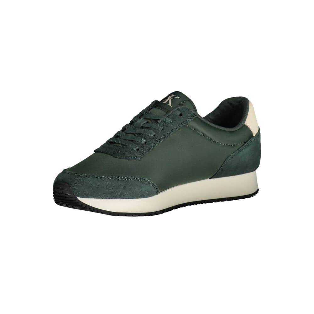 Calvin Klein Green Polyester Sneaker with laces, print, contrasting details, and logo branding for sporty style.