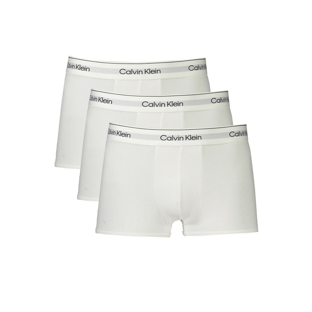 Calvin Klein White Cotton Men Boxer Short with branded elastic waistband, tri-pack showcasing style and comfort in sustainable cotton.