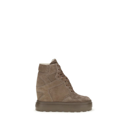 Side view of Casadei Beige Calf Leather Bos Taurus Sneakers with wedge heel and rubber sole for grip and durability.