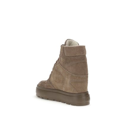 Casadei Beige Calf Leather Bos Taurus Sneakers with wedge and rubber sole, side view