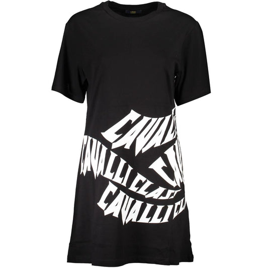 Cavalli Class Black Cotton Dress featuring short sleeves, round neck, and bold printed logo.