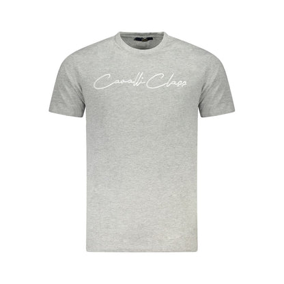 Cavalli Class Gray Cotton Men T-Shirt with short sleeves and crew neck, featuring a bold print, exudes casual luxury and sophisticated style.