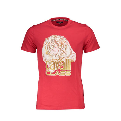 Cavalli Class Red Cotton Men TShirt with bold graphic print and prominent logo, perfect for trendsetters seeking style and comfort.
