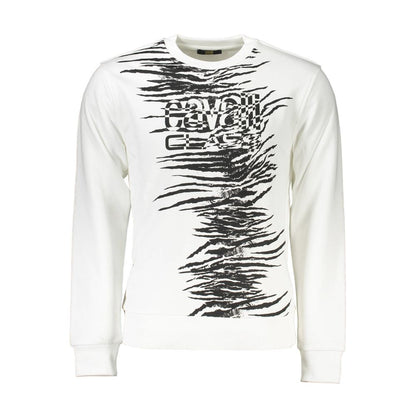 Cavalli Class White Cotton Men Sweater with striking print and logo, luxury designer sweatshirt, premium cotton blend for comfort