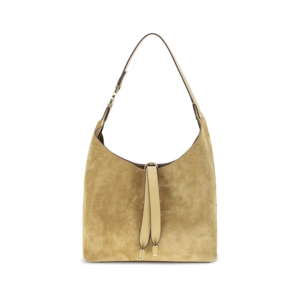 Chloé Beige Calf Leather Bos Taurus Shoulder Bag with tassel closure, golden embellishments, and suede finish, AW25 collection.