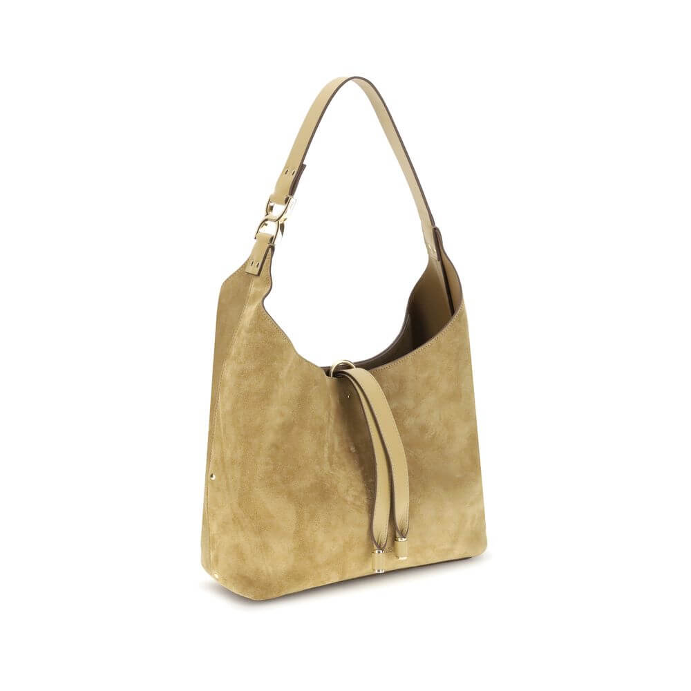 Chloé Beige Calf Leather Bos Taurus Shoulder Bag with suede finish and iconic golden details, designed for AW25 season.