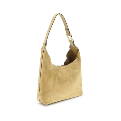 Chloé Beige Calf Leather Bos Taurus Shoulder Bag with suede finish, tasseled closure, and golden metallic accents. Stylish and elegant design.