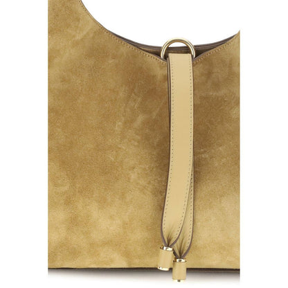 Close-up of Chloé Beige Calf Leather Bos Taurus Shoulder Bag with suede texture and tasseled closure detail.