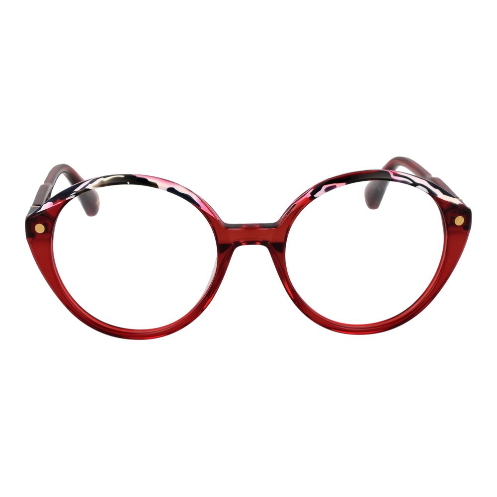 Round red and black acetate glasses frame with full-rim style and demo lenses.