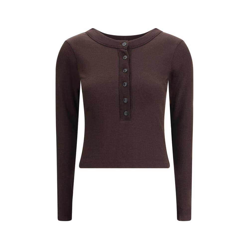 Citizens of Humanity Brown Cotton Top with long sleeves, ribbed design, round neckline, and front button closure, ideal for casual looks.