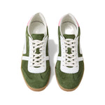 Olive green leather Closed Sneakers Green with front lace-up and gum-rubber sole, contrasting trim, viewed from above.