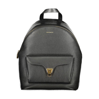 Coccinelle Black Leather Women Backpack with twist closure front pocket and adjustable straps. Elegant design for modern style.
