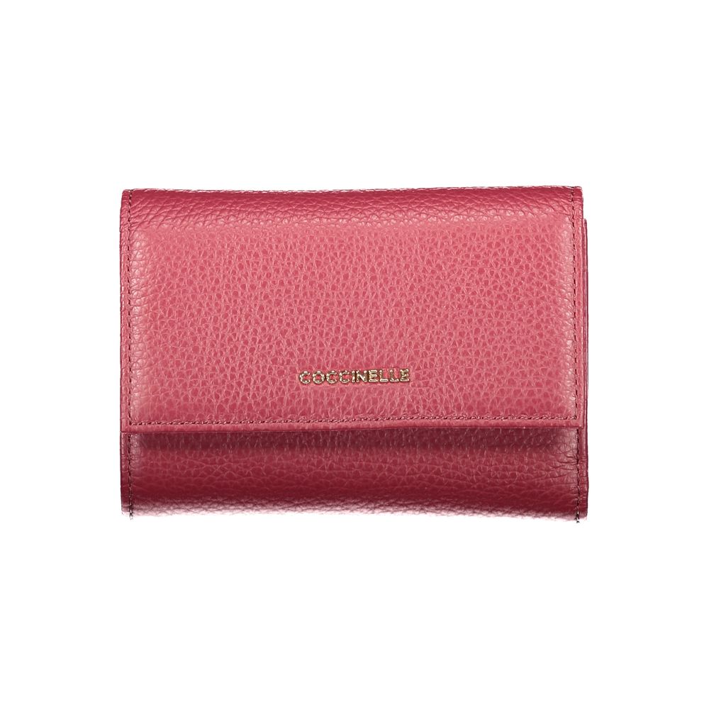 Alt Tag: Coccinelle Purple Leather Women Wallet with iconic logo, crafted in Italy, featuring multiple compartments and secure closure.