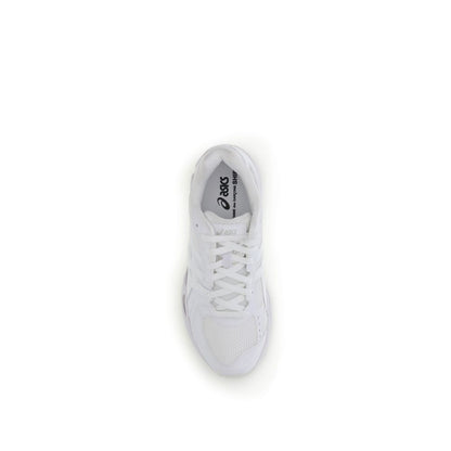 Top view of Comme Des Garçons White Polyamide Athletic Sneakers by Asics, showcasing minimalist design and lace-up details.