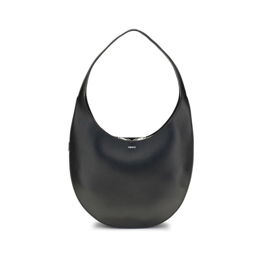 Coperni Black Leather Shoulder Bag with smooth hobo silhouette and futuristic zip closure, featuring contrasting logo on front.