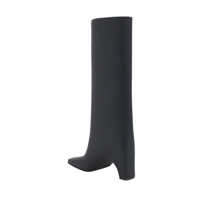 Coperni Black Rubber Over The Knee boot with square toe and geometric heel, featuring iconic monogram on the shaft for contemporary style.