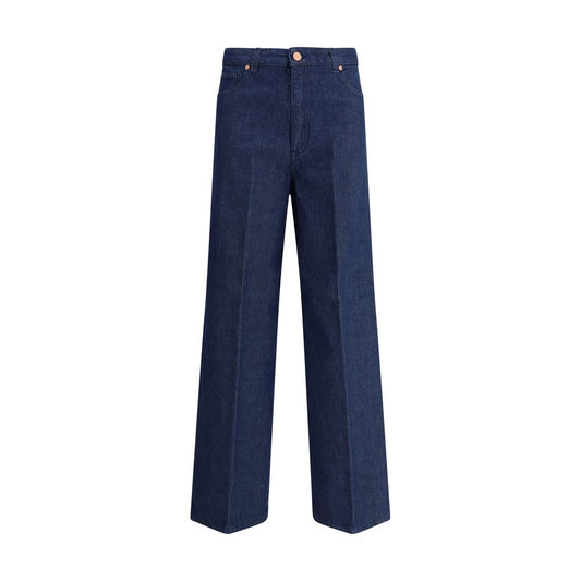 Cruna Blue Cotton Relaxed Fit Jeans with wide leg design and five pockets, ideal for a casual yet fashionable look.