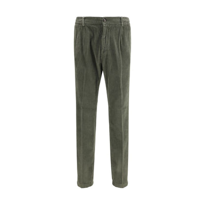 Cruna Green Cotton Casual Pants with a zip-and-button closure, perfect for autumn and winter seasons. Slim fit, 100% corduroy cotton.