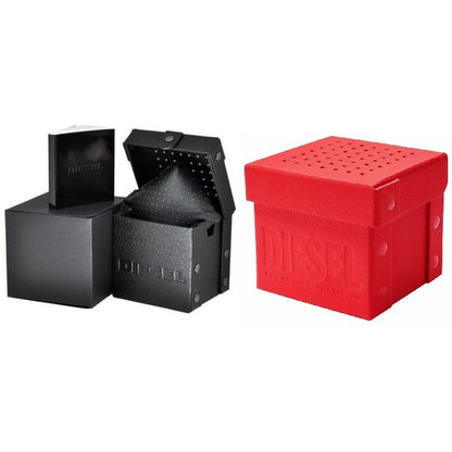 DIESEL Mod. TIMEFRAME wristwatch official packaging, featuring black and red boxes, suitable for a stylish and protective package.