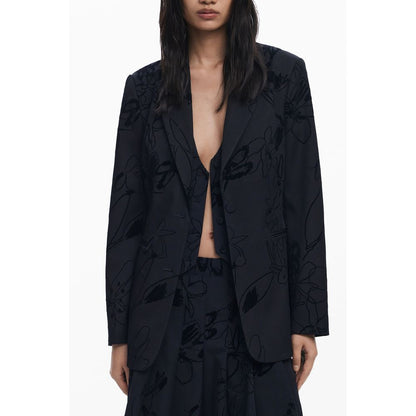 Desigual Black Polyester Women Jacket with V-neck and floral print, featuring signature logo and button details for stylish comfort.