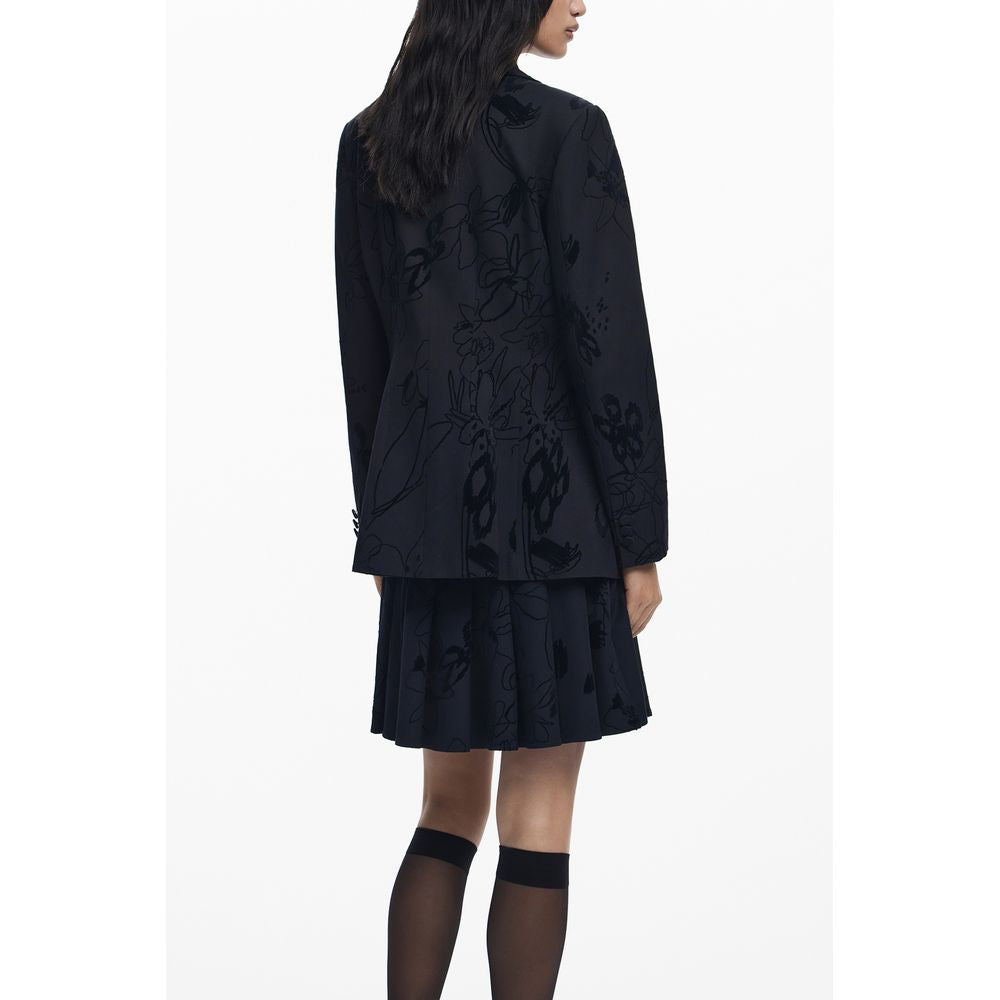 Back view of Desigual Black Polyester Women Jacket with floral design, showcasing the chic V-neck and stylish silhouette.