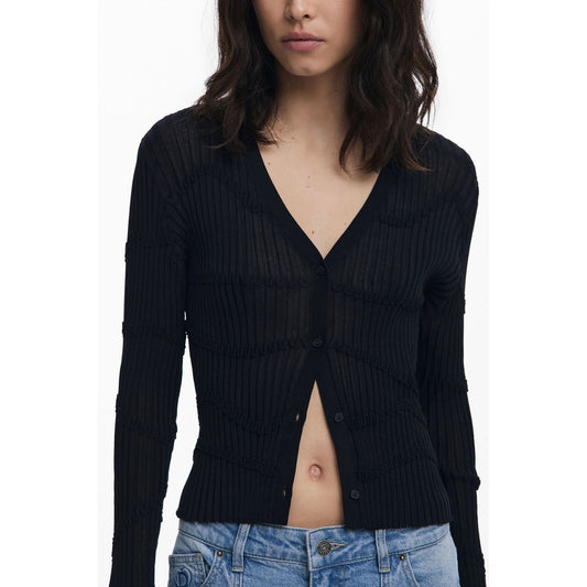 Alt Tag: Stylish woman wearing Desigual Black Viscose Women Cardigan with buttons, perfect for a trendy and versatile look.