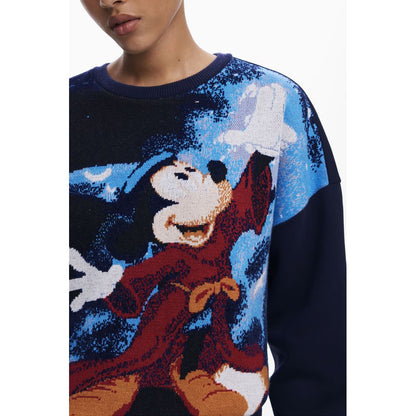 Desigual Blue Cotton Women Sweater with Mickey print, featuring a whimsical design and vibrant colors.