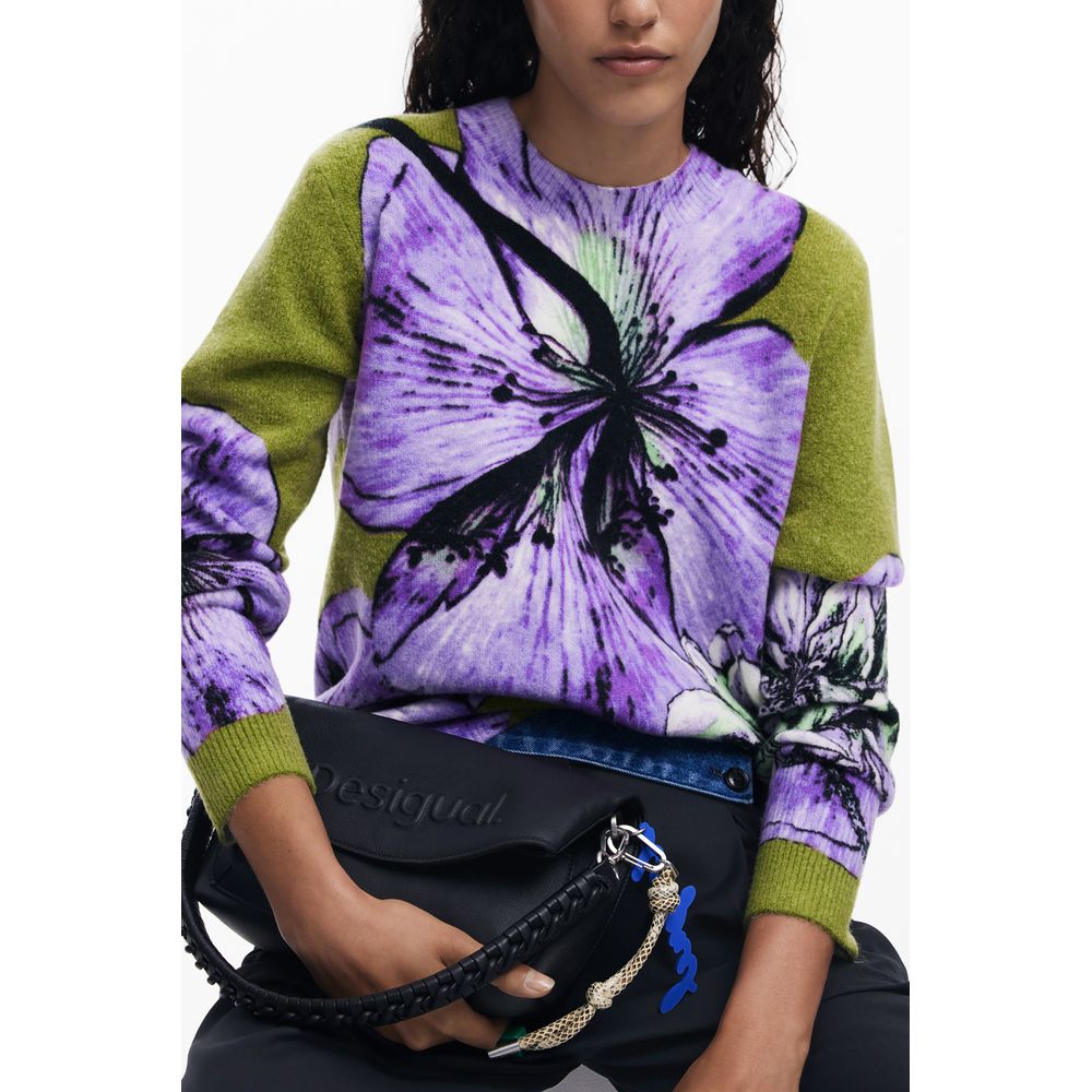 Woman wearing a Desigual Purple Elastane Women Sweater with bold floral design.
