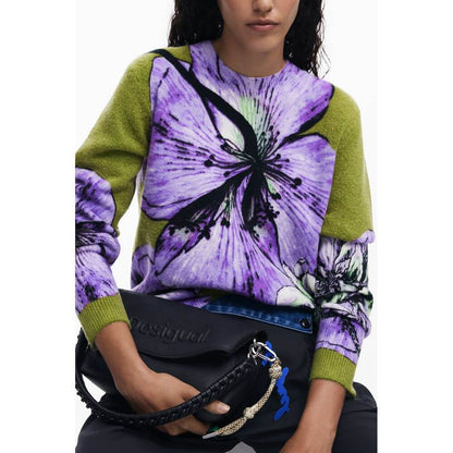Woman wearing a Desigual Purple Elastane Women Sweater with bold floral design.