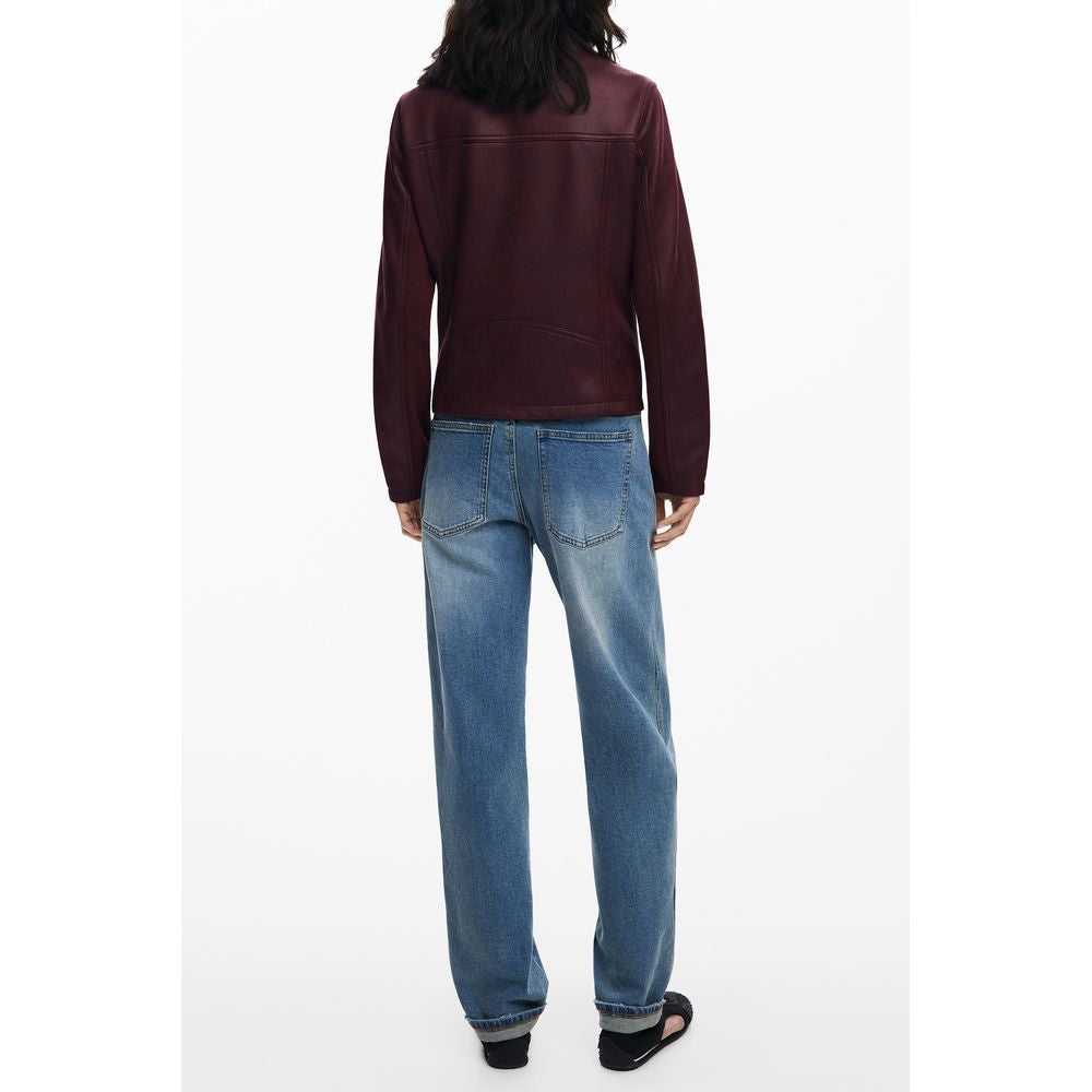 Back view of model wearing Desigual Red Polyester Women Jacket with blue jeans and black sandals