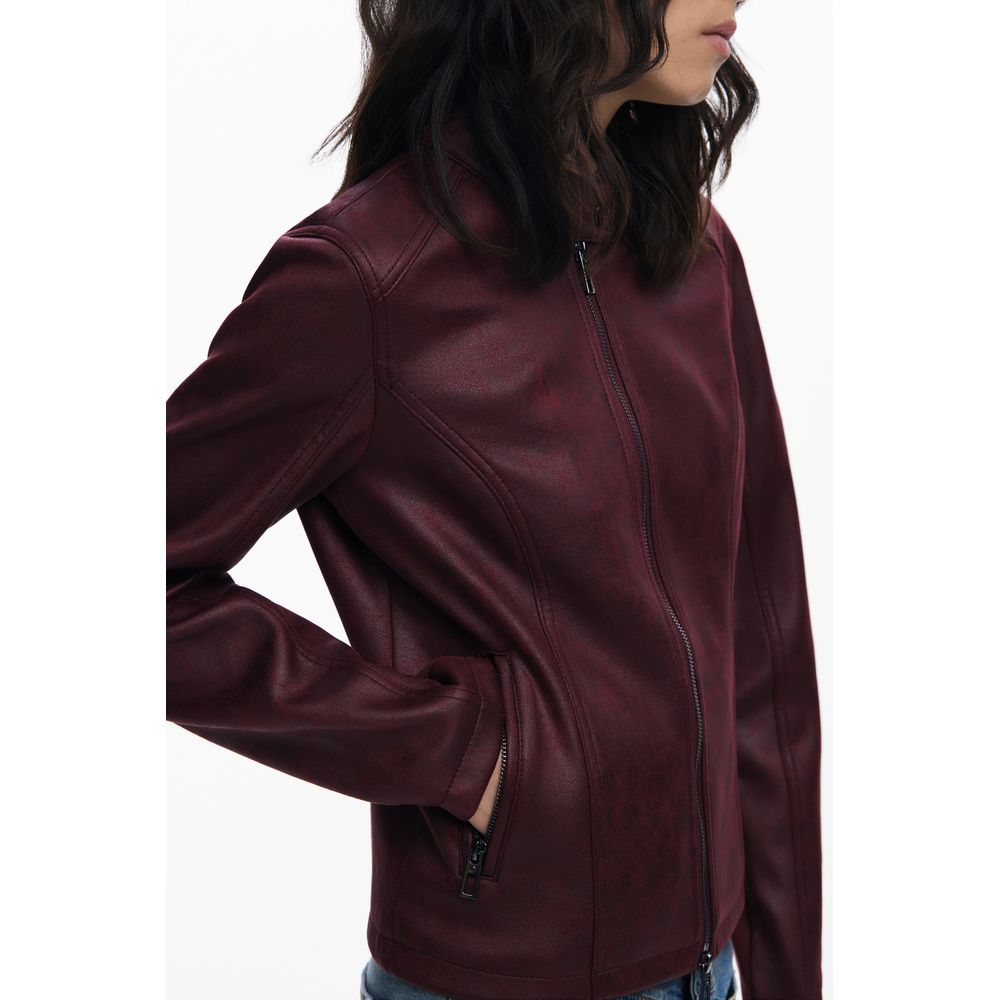 Desigual Red Polyester Women Jacket with sleek design and zippered pockets, perfect for a bold, fashion-forward look.