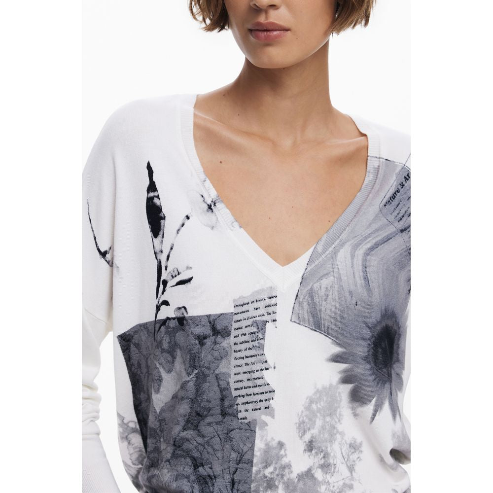 Desigual White Viscose Women Sweater with V-neck and bold patterns