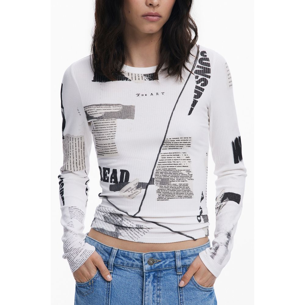 Desigual White Viscose Women T-Shirt with avant-garde newspaper pattern, long sleeves, and crew neck.