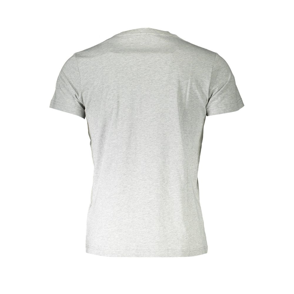 Back view of a gray cotton T-shirt with short sleeves showcasing simplicity and comfort.