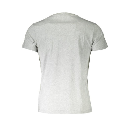 Back view of a gray cotton T-shirt with short sleeves showcasing simplicity and comfort.