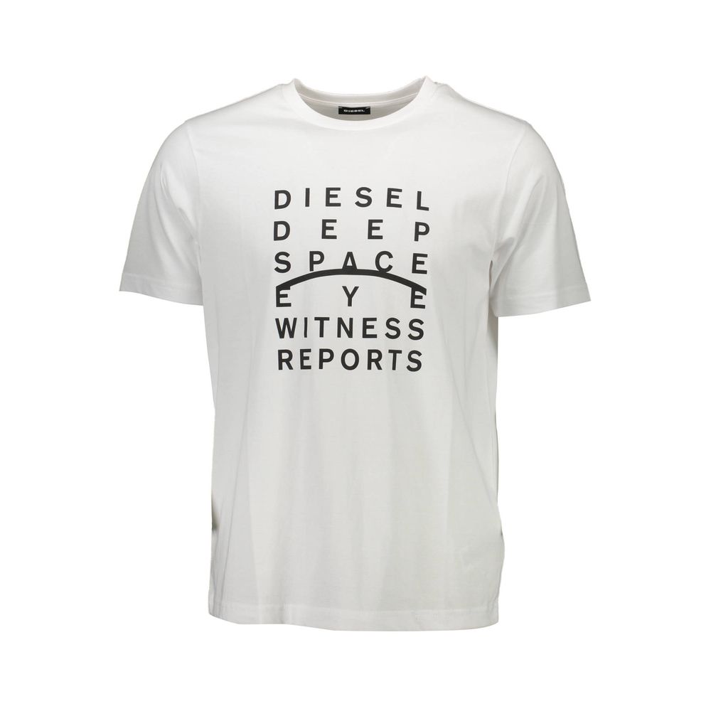Diesel White Cotton Men T-Shirt with bold typography and iconic Diesel logo, emphasizing style and comfort.