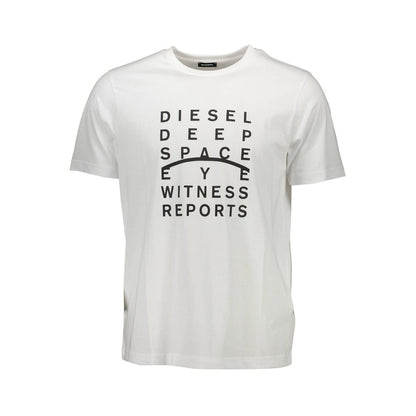 Diesel White Cotton Men T-Shirt with bold typography and iconic Diesel logo, emphasizing style and comfort.