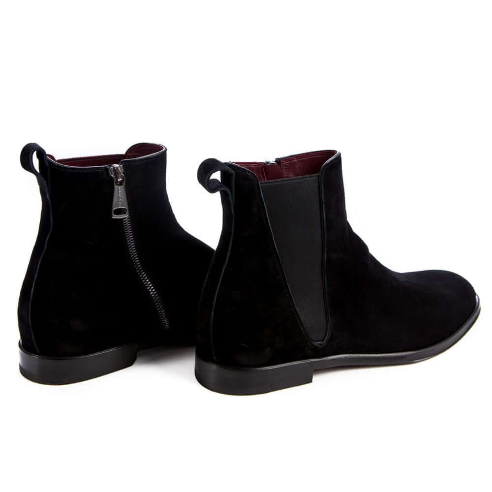 Dolce & Gabbana Black Calfskin Men Ankle Boot with zipper and elastic band, side view.