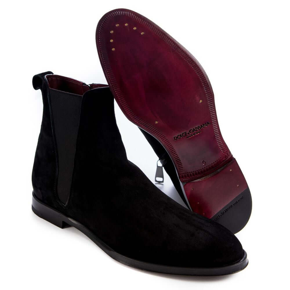 Dolce & Gabbana Black Calfskin Men Ankle Boot with red leather interior and zipper detail