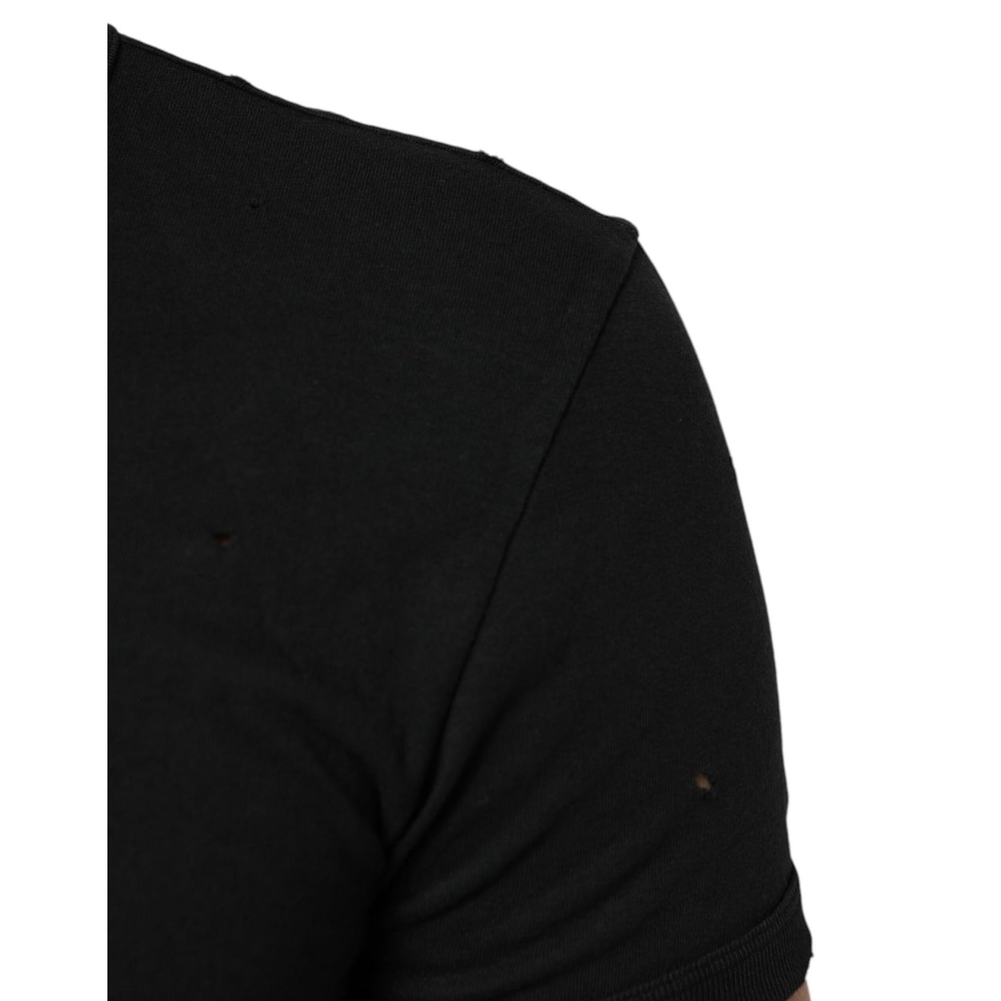 Dolce & Gabbana Black Cotton Tattered Logo V-Neck Men T-shirt