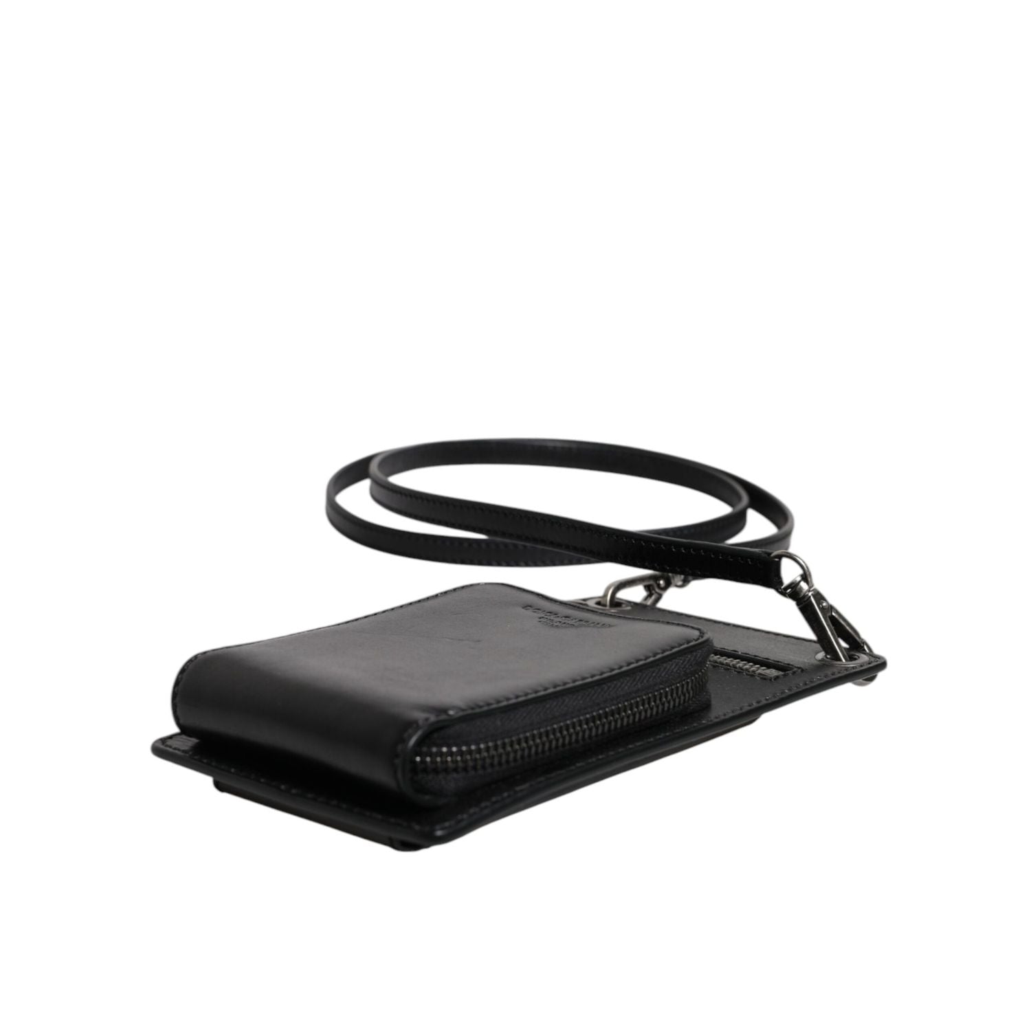 Dolce & Gabbana Black Horse Leather Zip Logo Shoulder Neck Strap Wallet