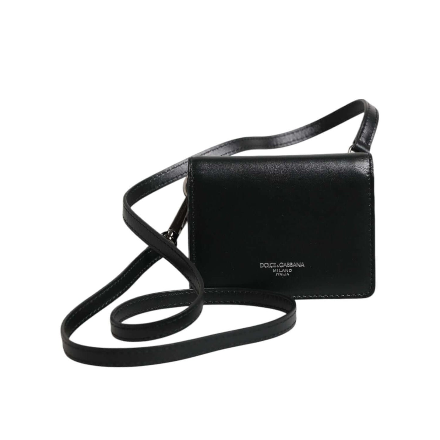 Dolce & Gabbana Black Leather Bifold Card Holder Crossbody Men Borse Bag with snap button and logo engraved metal hardware.