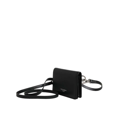 Dolce & Gabbana Black Leather Bifold Card Holder Crossbody Men Borse Bag with logo engraved hardware