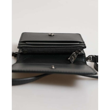 Dolce & Gabbana Black Leather Bifold Card Holder Crossbody Men Borse Bag, open view showing interior compartments and snap button closure.